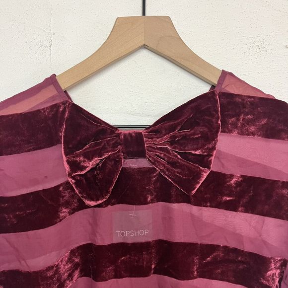 Topshop Womens Short Sleeve Velvet Sheer Striped Top Sz 4 Bow Back Holiday NWT - Picture 4 of 8